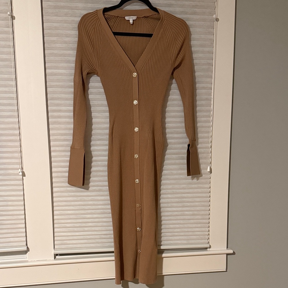 Reiss Ribbed Button-Front Midi Dress - Camel